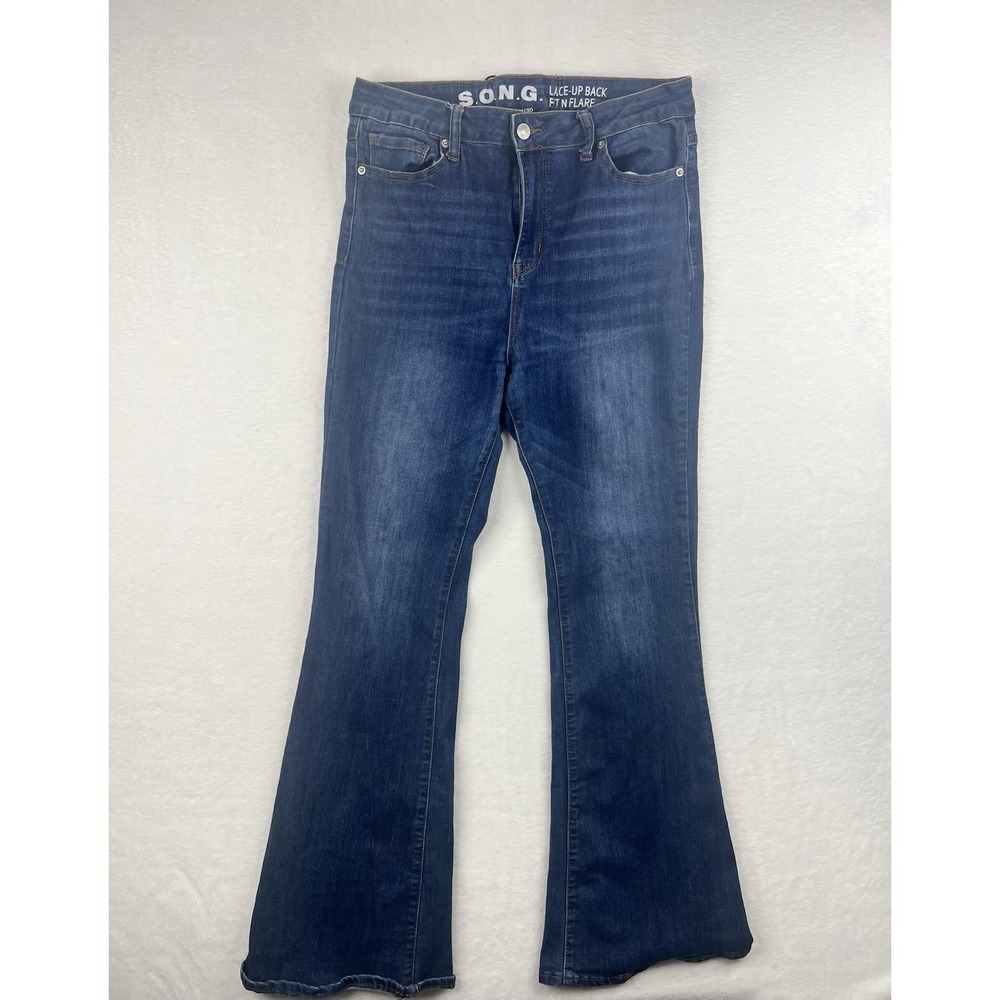 S.O.N.G. Black Lace Up Back Fit N Flare Blue Denim Jeans Juniors 11/30 Stretch‎